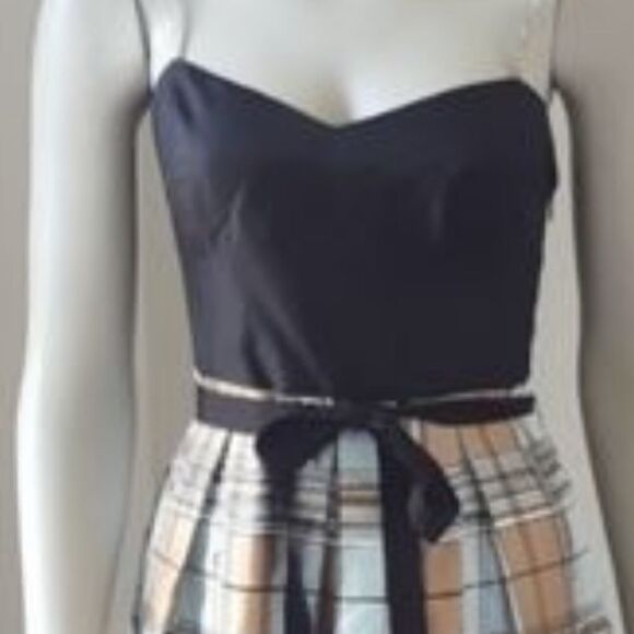 BCBG MaxAzaria black and plaid silk dress spaghetti straps fully lined - Picture 4 of 17